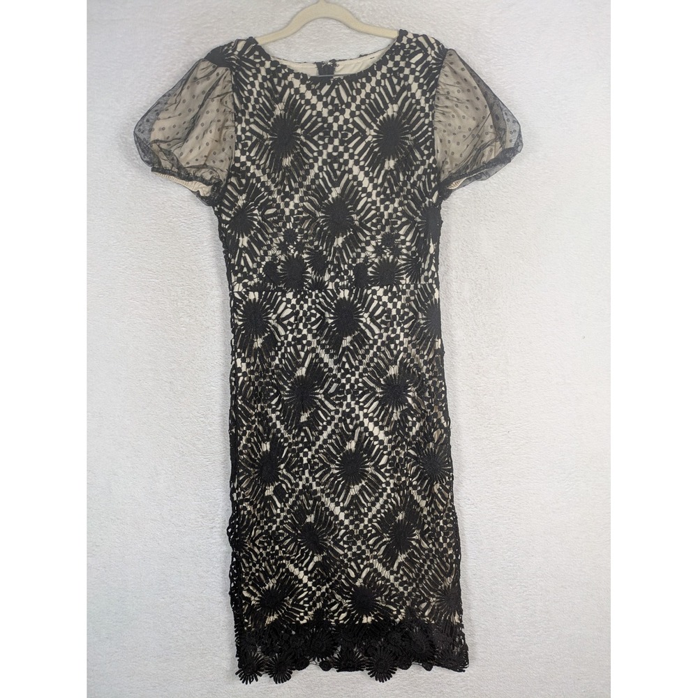 Lace Crochet Dress Women's Size L Black Midi Sheer Polka Dot Puff Sleeve